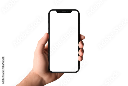 mockup hand holding mobile smartphone with transparent png empty screen on transparent background photo