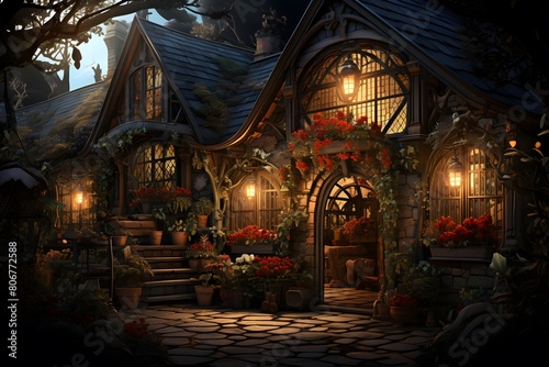 3d illustration of a cozy cottage with a garland and lanterns