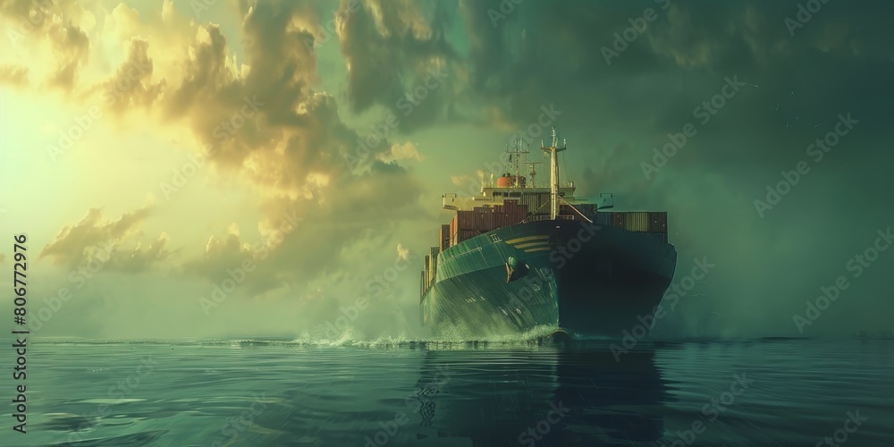 Fototapeta premium Cargo transportation with a ship and shipping containers at sea. Global maritime logistics