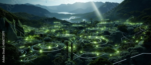 Capture the intricate networks of Green energy pathways from a striking aerial view Utilize vibrant shades to highlight the interconnected trails and renewable energy sources amids photo