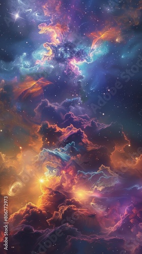 This image captures the dazzling beauty of cosmic clouds and nebulae in a multitude of vibrant colors and shining stars