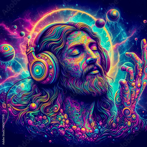 Digital art vibrant colorful psychedelic jesus with headphones vibin to music