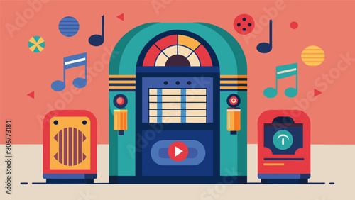 An exhibit featuring a large interactive jukebox where visitors can browse and select songs from different eras of music. Vector illustration