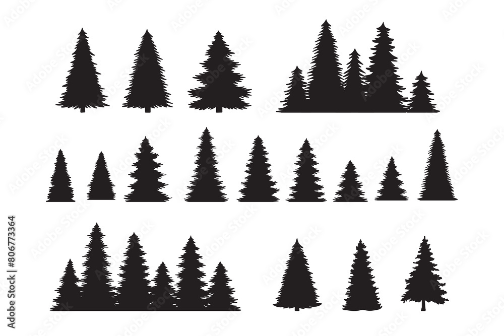 Obraz premium Vintage trees, forest silhouettes set. outline of a coniferous forest. Isolated. 