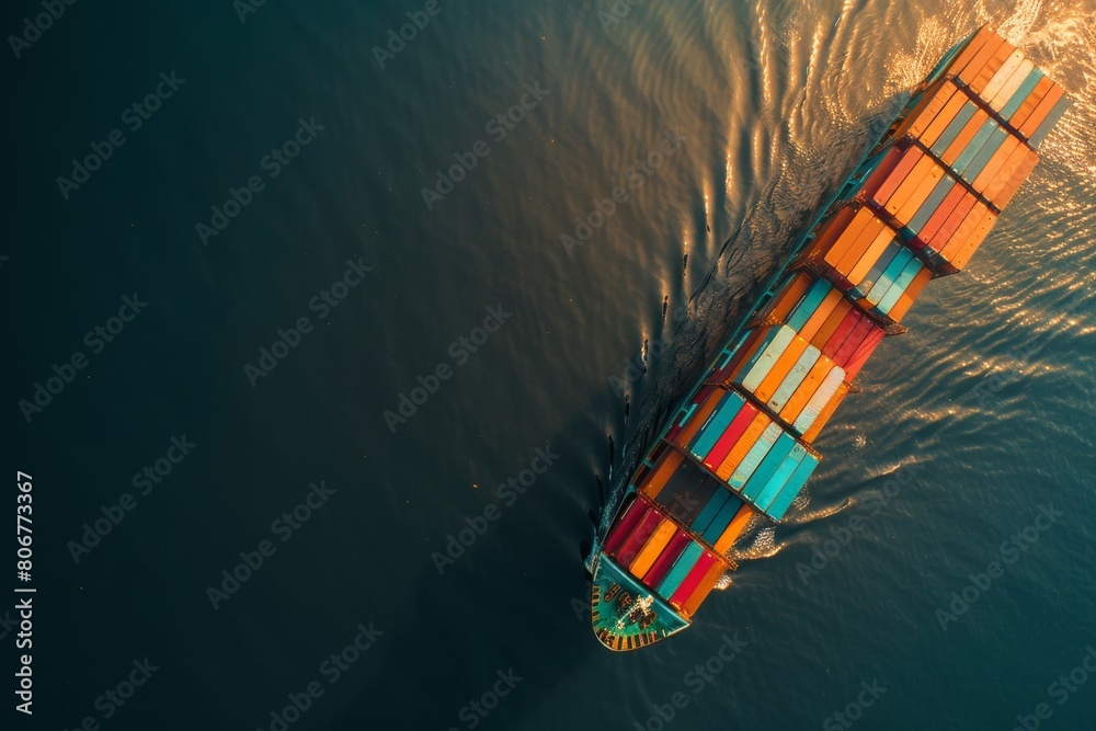 Cargo transportation with a ship and shipping containers at sea. Global maritime logistics