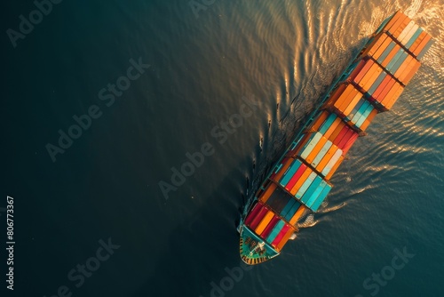 Cargo transportation with a ship and shipping containers at sea. Global maritime logistics