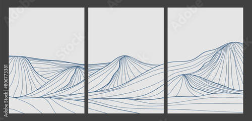 Set of Mountain line art landscape illustration. Creative minimalist modern line art pattern. Abstract contemporary aesthetic backgrounds landscapes