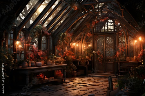 Panorama of a greenhouse decorated with flowers and plants in the evening