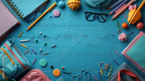 top view of the teacher's desk on which there are books, pens, glasses, a piece of paper, pencils,chalk ruler, pencil case, teacher's day background