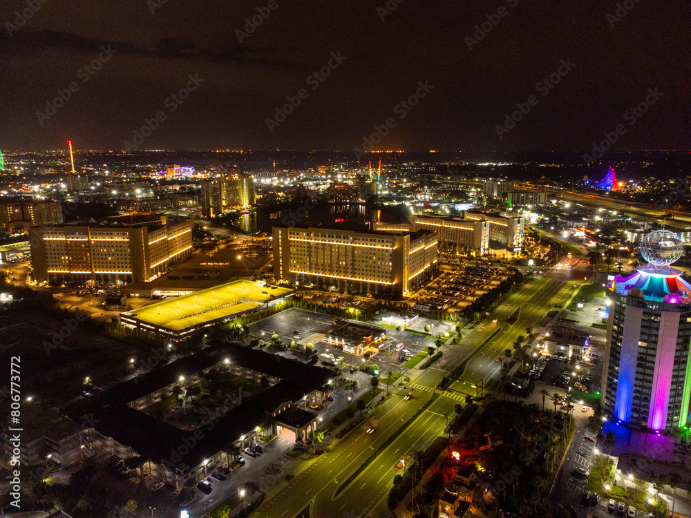 Aerial view of Kissimmee, Florida cityscape at night