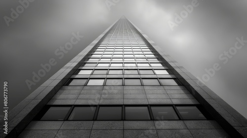   A black-and-white image of a tall building's peak, adorned with numerous windows, against a backdrop of cloudy sky