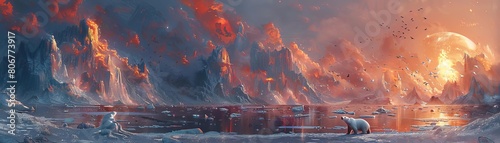 An epic fantasy landscape painting of a frozen wasteland with two polar bears in the foreground photo