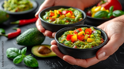 A person holds one bowl of guacamole and another containing avocados