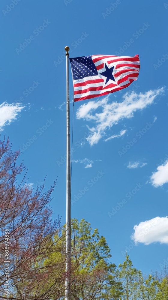 An American flag with a blue canton and a single white star is blowing in the wind.