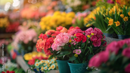 Wallpaper Mural Bright and colorful flower bouquets displayed in buckets at a busy local flower market. Torontodigital.ca