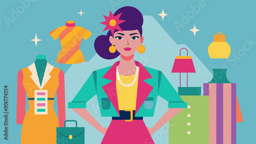 A trendsetting thrift store fashion blogger creating eyecatching and colorful outfits by mixing vintage and modern trends showcasing her unique and. Vector illustration