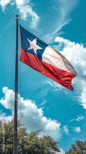 Flag of Chile waving in the wind against a blue sky with white clouds.