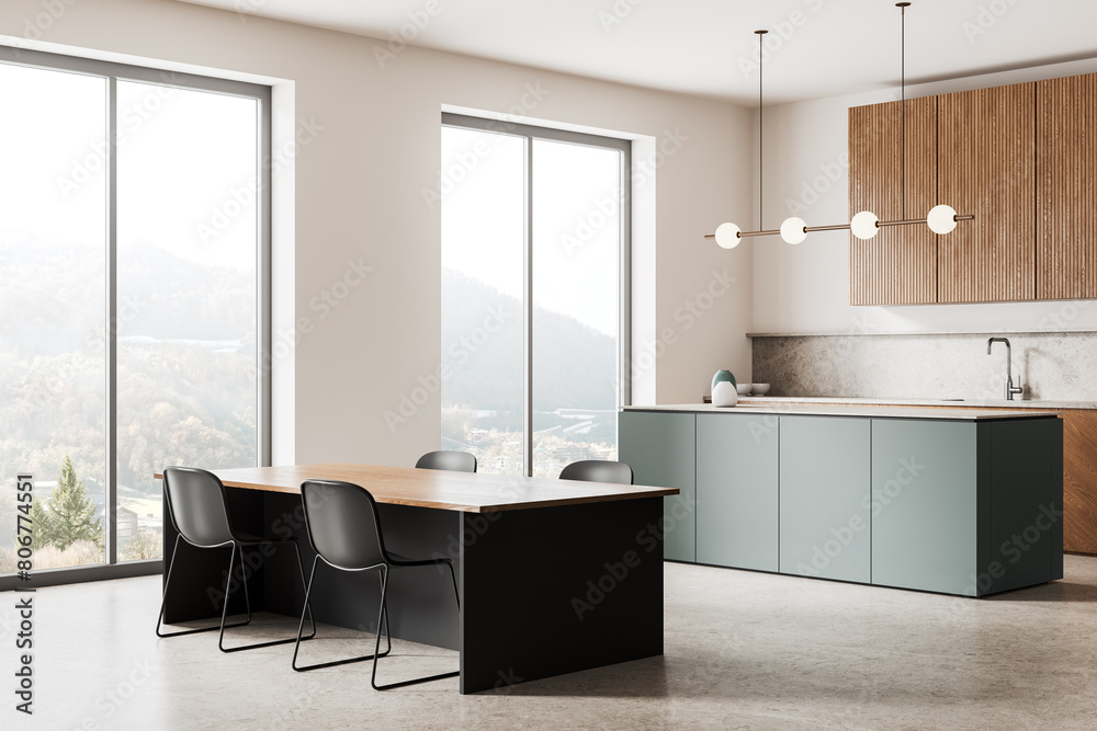 Fototapeta premium White and gray kitchen corner with island and dining table