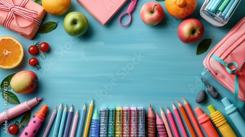 top view of the teacher's desk on which there are books, pens, glasses, a piece of paper, pencils,chalk ruler, pencil case, teacher's day background photo