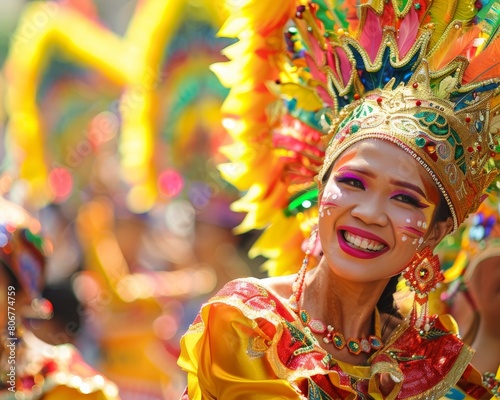 A woman wearing a colorful headdress and costume smiles during a festival.