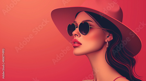 Illustration of a beautiful woman wear sunglass,big hat