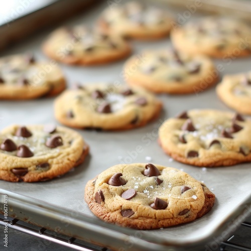 A baking sheet of chocolate chip cookies, fresh out of the oven.