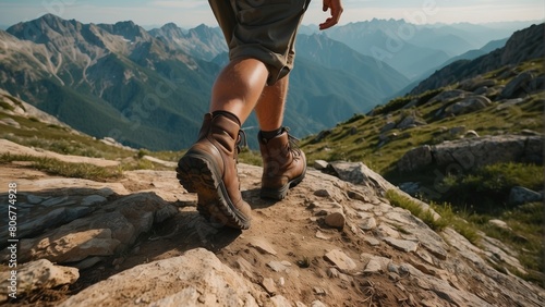 Close up of a hikers legs on a mountain trail in summer photo