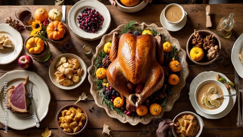 A festive Thanksgiving dinner spread with a roasted turkey centerpiece