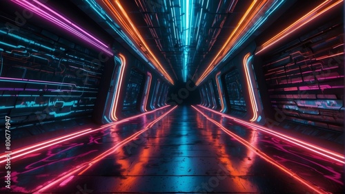 Vibrant neon lit futuristic tunnel with a sci fi atmosphere