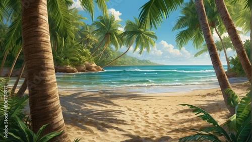 Peaceful beach scene with palm trees and sun loungers