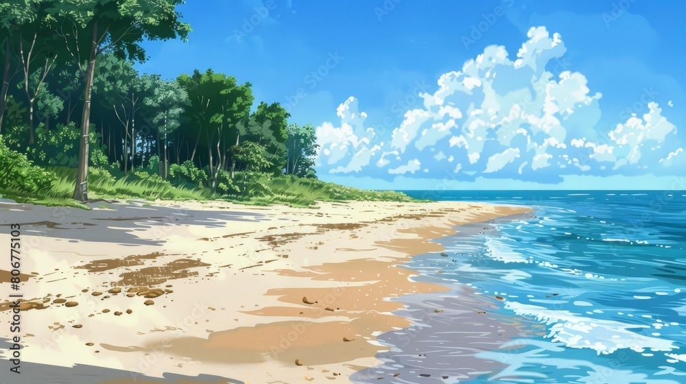 Beautiful Beach With Sand And Sea In The Background, Inviting Relaxation And Escape, Evoking Feelings Of Freedom And Tranquility, Cartoon Background