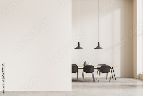 Cozy home living room interior with eating table and chairs. Mockup wall