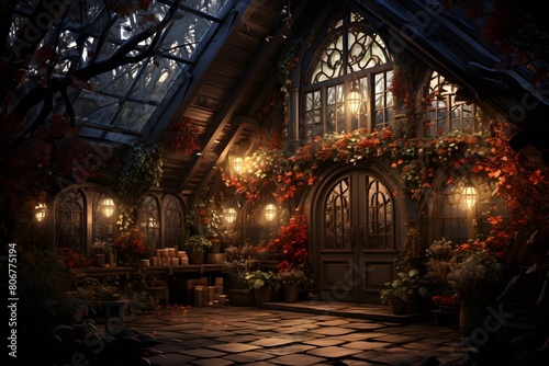 3d render of a gothic greenhouse decorated with autumn leaves