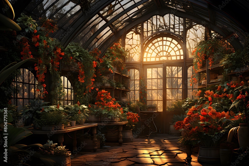 Beautiful greenhouse with blooming flowers in the garden. 3d rendering