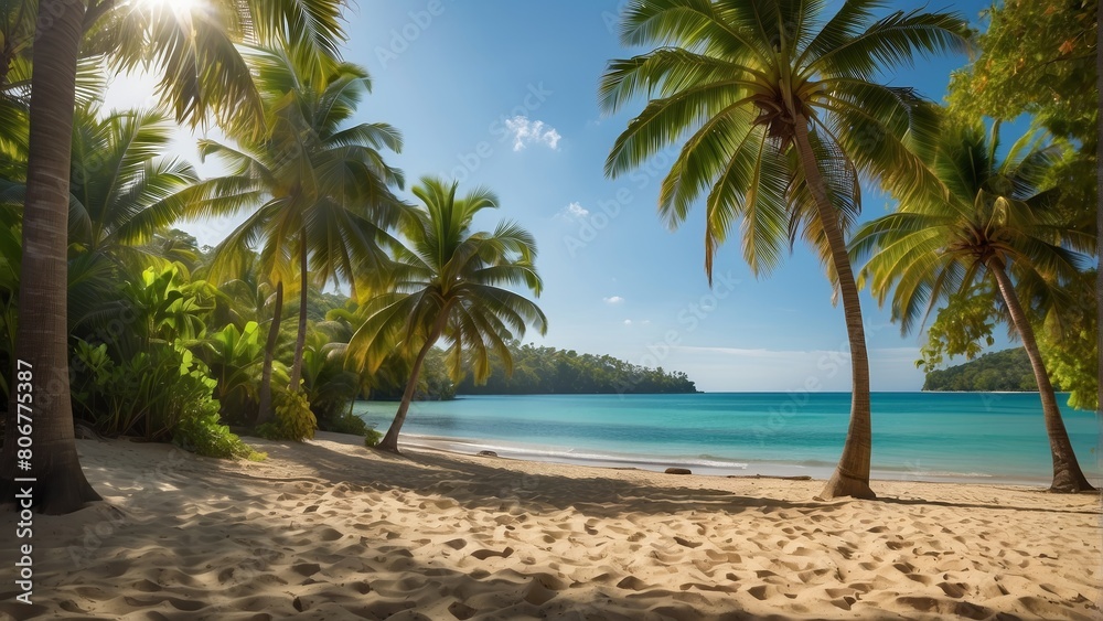 Peaceful beach scene with palm trees and sun loungers Peaceful beach scene with palm trees and sun loungers