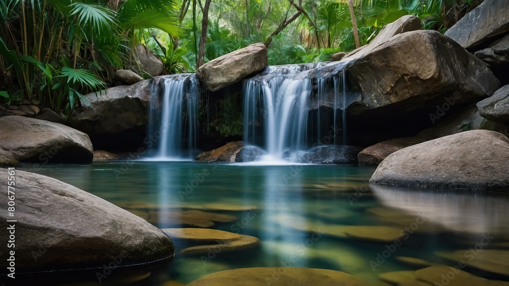 Naklejka premium Tranquil indoor waterfall with lush greenery and smooth stones