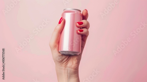 Woman holding a pink soda can against a soft pink background photo