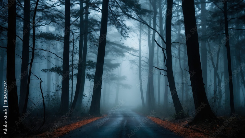Fototapeta premium Foggy forest road under moonlight evoking a haunting atmosphere