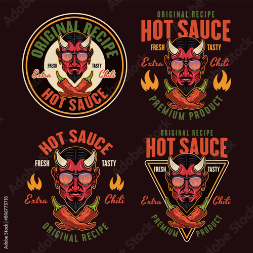 Hot sauce set of vector emblems, labels, badges with devil head in colored style on dark background