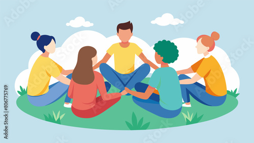 A group of friends sit in a circle on the grass arms linked as they gently lean forward to stretch their backs.. Vector illustration