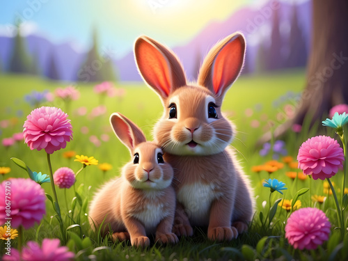 a cartoon style scene featuring two playful bunnies in a vibrant meadow
