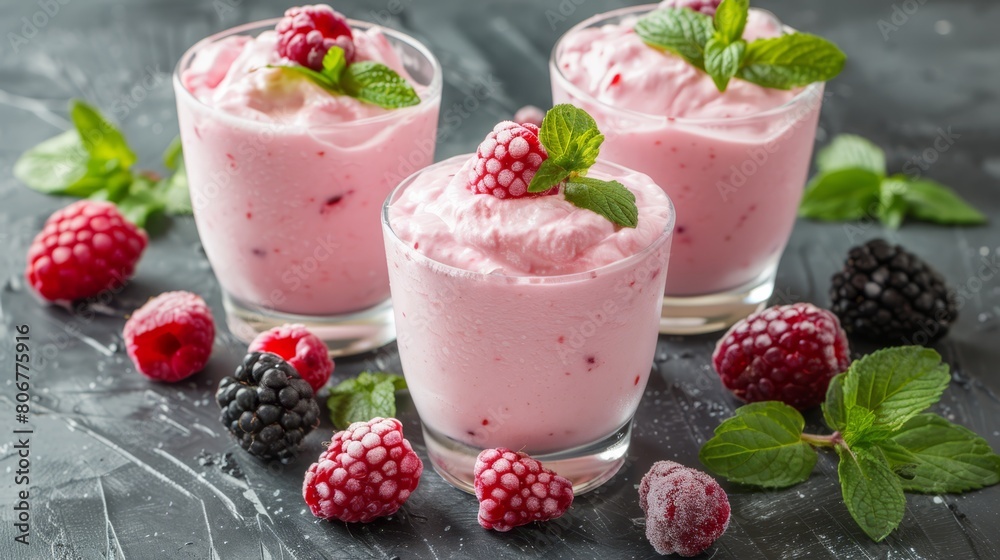 Three glasses hold raspberry mousse, garnished with fresh raspberries and mint sprigs Three glasses hold raspberry mousse, garnished with fresh raspberries and mint sprigs