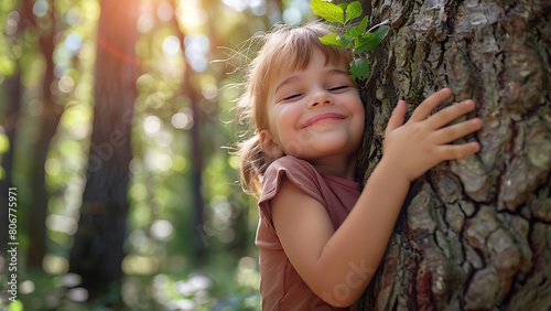 Tree hug. Little boy hugging tree with nature love concept