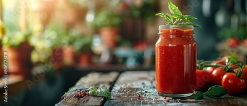 Capture a serene long shot of a homemade organic tomato sauce