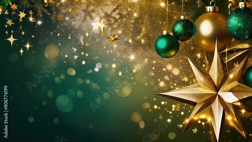 Festive gold and green Christmas background with stars and baubles photo