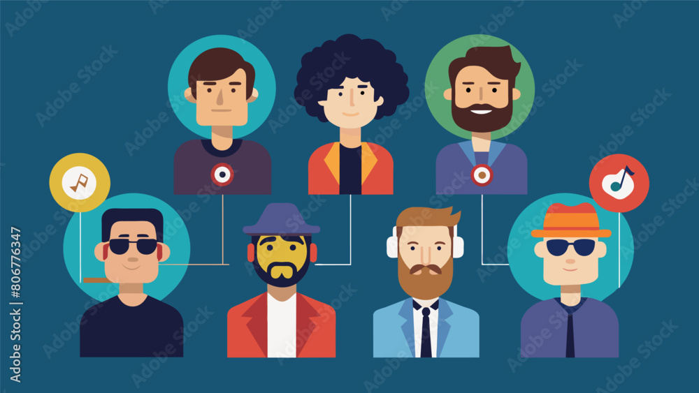 Each artist brought their own unique style to the stage but the common thread was their connection to the record label. Vector illustration Each artist brought their own unique style to the stage but the common thread was their connection to the record label. Vector illustration