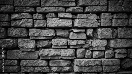Monochrome stone wall with a textured, symmetrical brick pattern