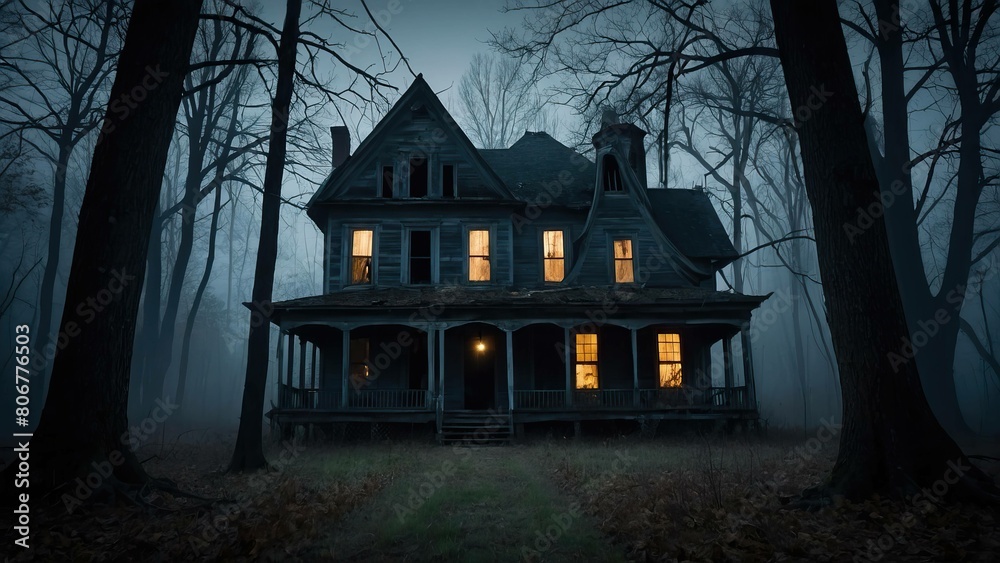 Eerie haunted house in foggy woods with glowing windows