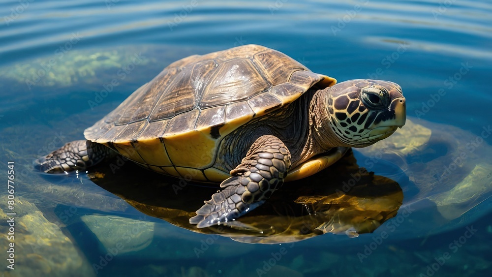 Fototapeta premium Close up of a tranquil turtle with a patterned shell in water
