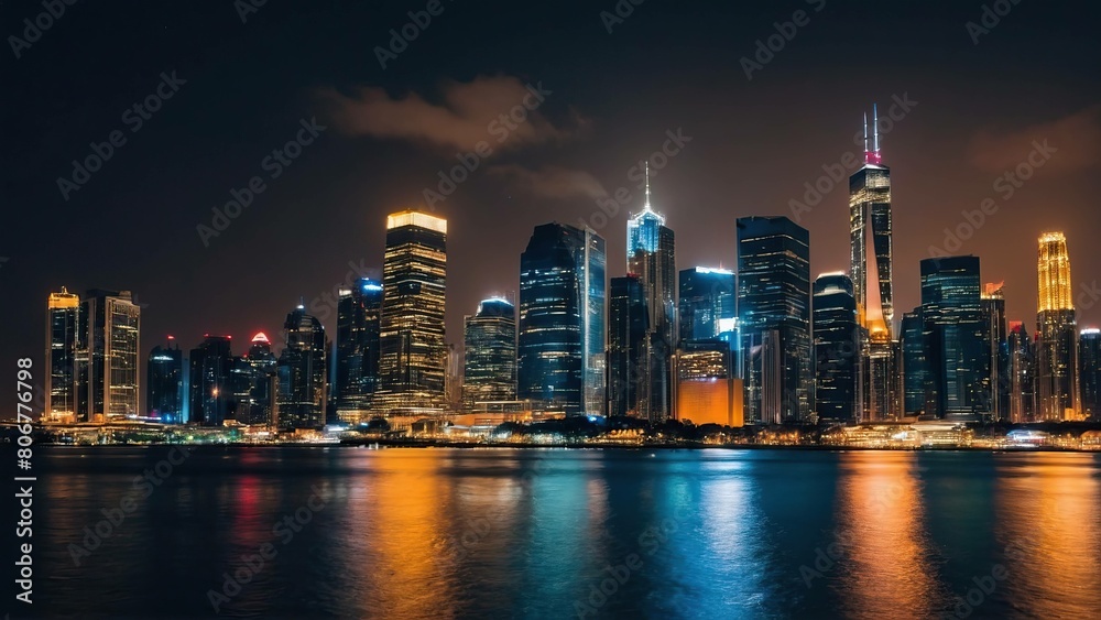 City skyline with twinkling stars and radiant skyscrapers at night City skyline with twinkling stars and radiant skyscrapers at night